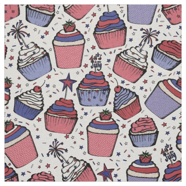 Patriotic 4th of July Cupcakes Hand-Drawn Fabric (Swatch)