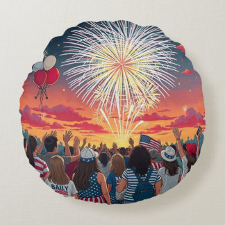 Patriotic 4th of July Fireworks Celebration Crowd  Round Cushion