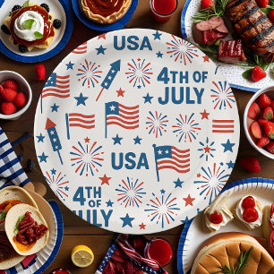 Patriotic 4th of July 🇺🇸   Fireworks, Stars & Fl Paper Plate