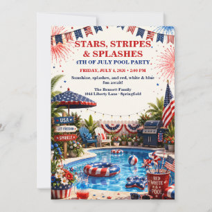 Patriotic 4th of July Pool Party - Red White Blue  Invitation