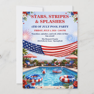 Patriotic 4th of July Pool Party - Red White Blue Invitation