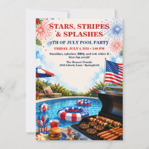Patriotic 4th of July Pool Party - Red White Blue  Invitation