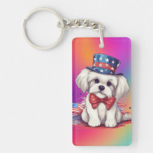 Patriotic 4th of July White Cute Puppy Dog-43568 Key Ring