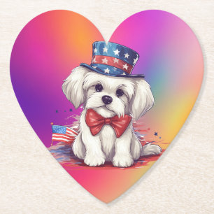 Patriotic 4th of July White Cute Puppy Dog-43568 Paper Coaster