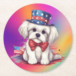 Patriotic 4th of July White Cute Puppy Dog-43568 Round Paper Coaster