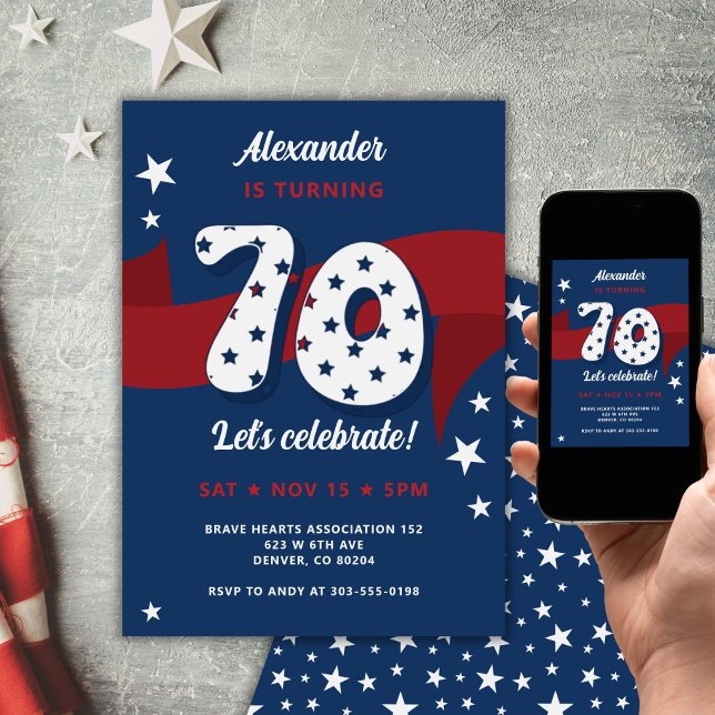 Patriotic 70th Birthday Party Red White Blue Stars Invitation (Creator Uploaded)