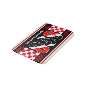 PATRIOTIC 868 Your Name   Chequered Flag on BLACK Bath Mat