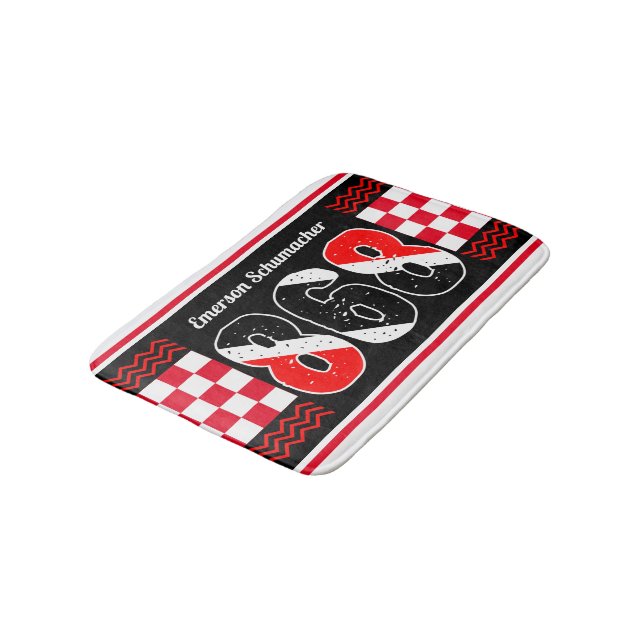 PATRIOTIC 868 Your Name | Chequered Flag on BLACK Bath Mat (Angled)