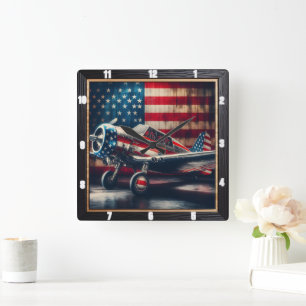 Patriotic Aeroplane with American Flag Square Wall Clock