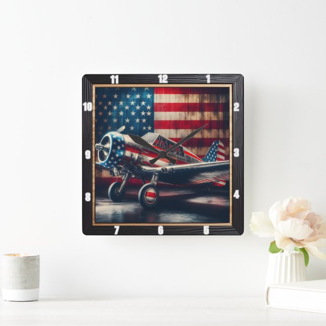 Patriotic Aeroplane with American Flag Square Wall Clock (Home)