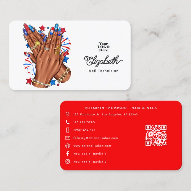 Patriotic African American Nail Salon Branding Business Card (Front/Back)