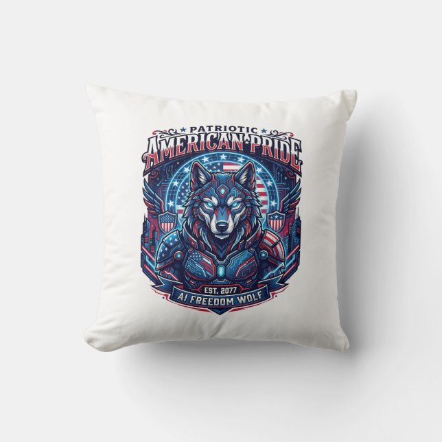 Patriotic Ai Freedom Wolf Cyberpunk Future Freedom Cushion (Front)