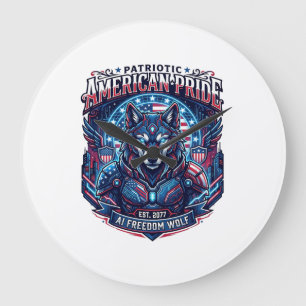 Patriotic Ai Freedom Wolf Cyberpunk Future Freedom Large Clock