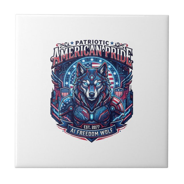 Patriotic Ai Freedom Wolf Cyberpunk Future Freedom Tile (Front)