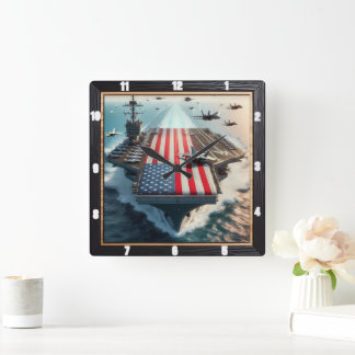 Patriotic Aircraft Carrier Jets Square Wall Clock