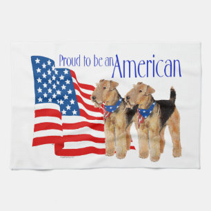 Patriotic Airedale Terriers Tea Towel