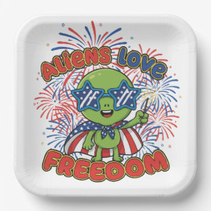 Patriotic Alien 4th of July Fireworks Paper Plate