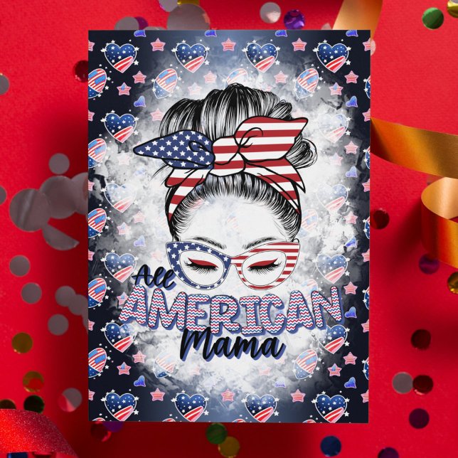 Patriotic All American Mama Messy Bun Holiday Card (Creator Uploaded)