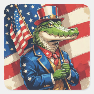 Patriotic Alligator holding the American Flag Square Sticker
