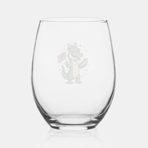 Patriotic Alligator Hot Dog Vintage Vector Shirt ( Stemless Wine Glass