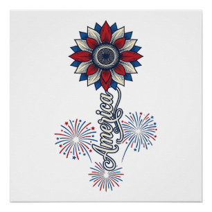 Patriotic America Flower Fireworks Vintage Design_ Poster