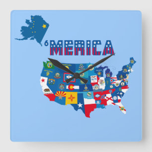 Patriotic America Map With States Flags Wall Clock
