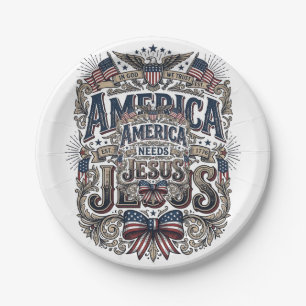 Patriotic America Needs Jesus Vintage T-Shirt Paper Plate
