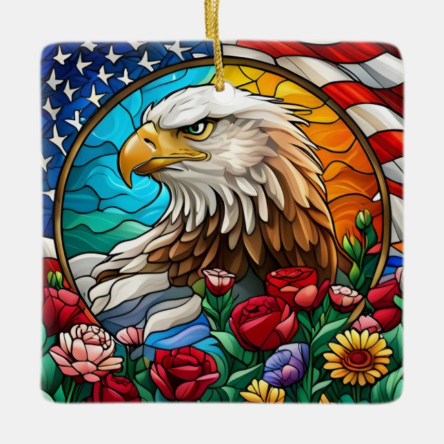 Patriotic American Bald Eagle "Stained Glass" Ceramic Ornament (Front)