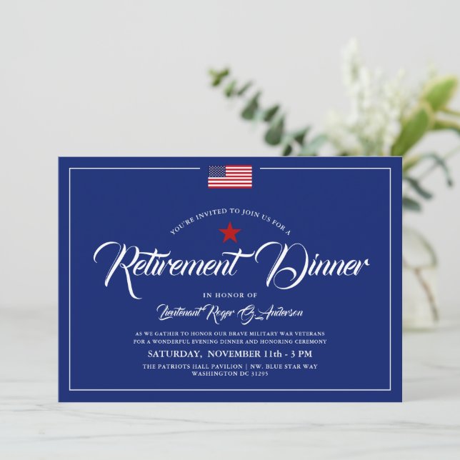 Patriotic American | Blue Theme Retirement Dinner  Invitation (Standing Front)