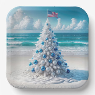 Patriotic American Christmas Tree On a Beach Paper Plate