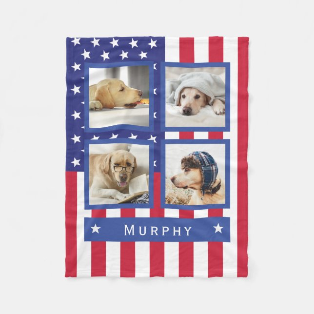 Patriotic American Flag 4 Photo Monogram Dog Small Fleece Blanket (Front)
