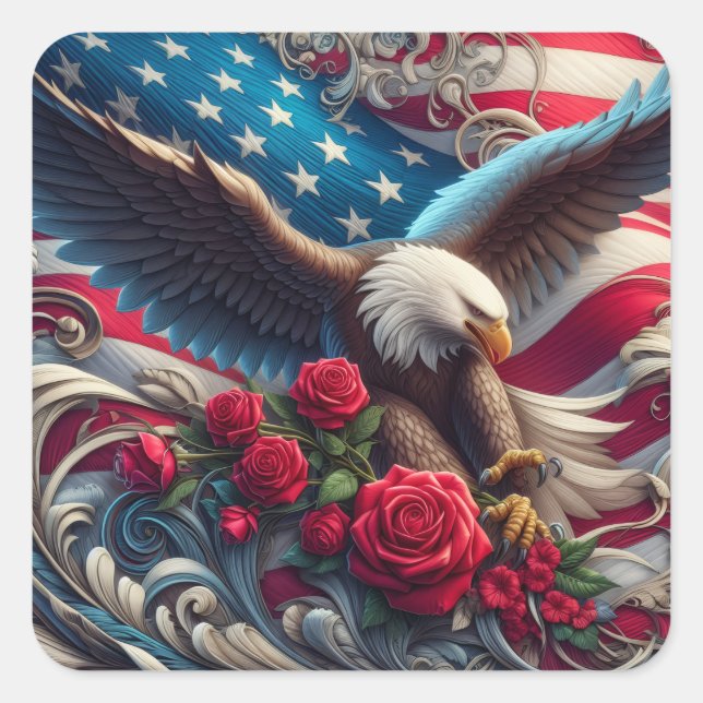Patriotic American Flag and Eagle Square Sticker (Front)
