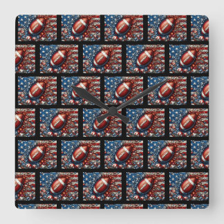 Patriotic American Flag and Football Sports Square Wall Clock