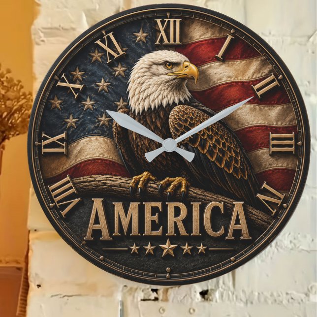 Patriotic American Flag Bald Eagle America Large Clock (Creator Uploaded)