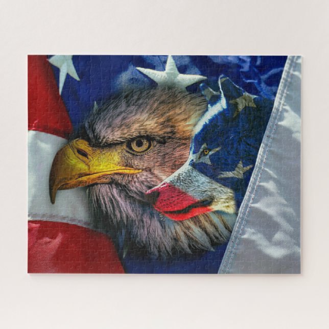 Patriotic American Flag Bald Eagle Wolf Jigsaw Puzzle (Horizontal)