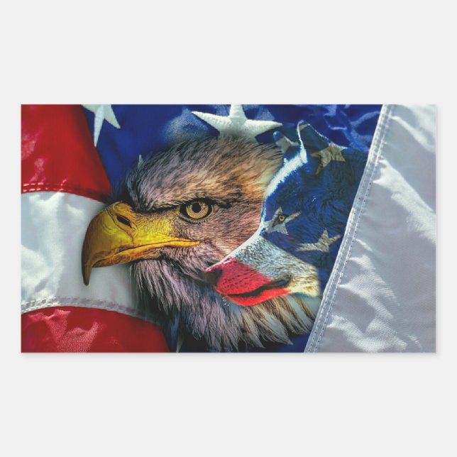 Patriotic American Flag Bald Eagle Wolf Rectangular Sticker (Front)