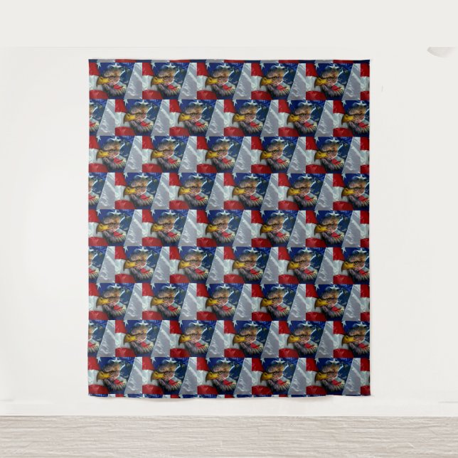 Patriotic American Flag Bald Eagle Wolf Tapestry (Front)