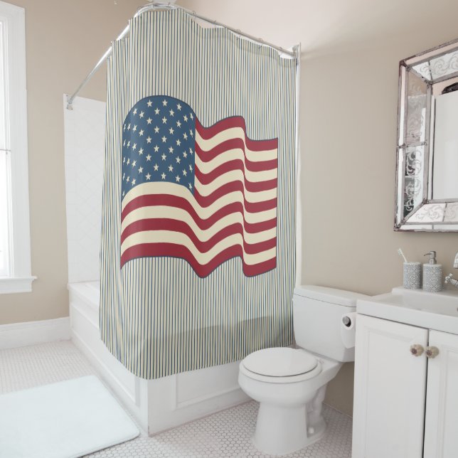 Patriotic American Flag Bathroom Shower Curtain (In Situ)