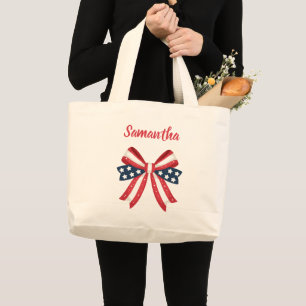 Patriotic American flag bow 4th of July monogram Large Tote Bag