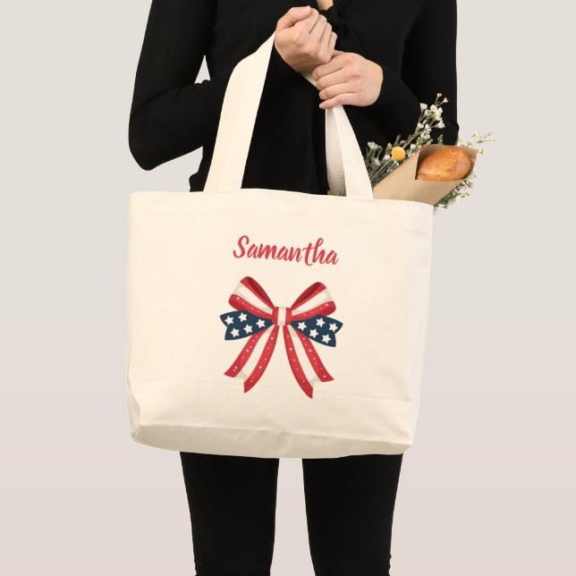 Patriotic American flag bow 4th of July monogram  Large Tote Bag (Front (Product))