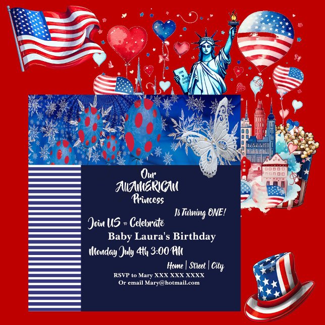 Patriotic American Flag Butterfly Balloon BirthDay Invitation (Patriotic American Flag Butterfly Balloon BirthDay Invitation)