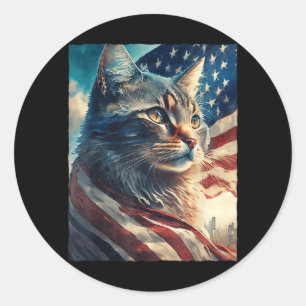 Patriotic American Flag Cat 4th of July USA Pride Classic Round Sticker