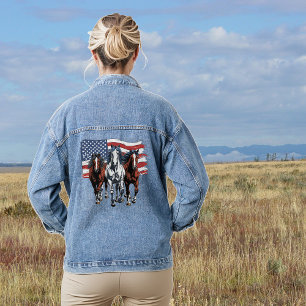 Patriotic American Flag Charging Horses Denim Jacket
