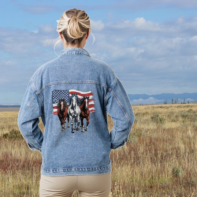 Patriotic American Flag Charging Horses Denim Jacket (Creator Uploaded)