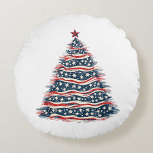 Patriotic American Flag Christmas Tree Round Cushion
