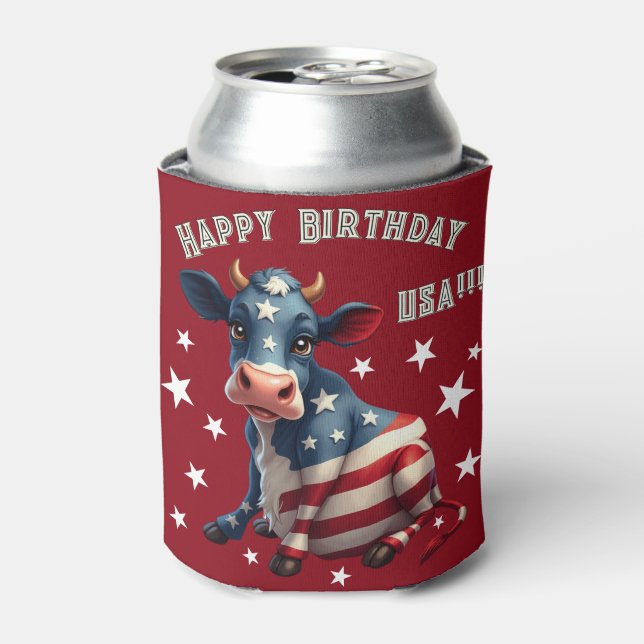 Patriotic American Flag Cow Illustration Can Cooler (Can Front)