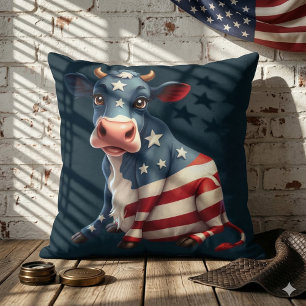Patriotic American Flag Cow Illustration Cushion