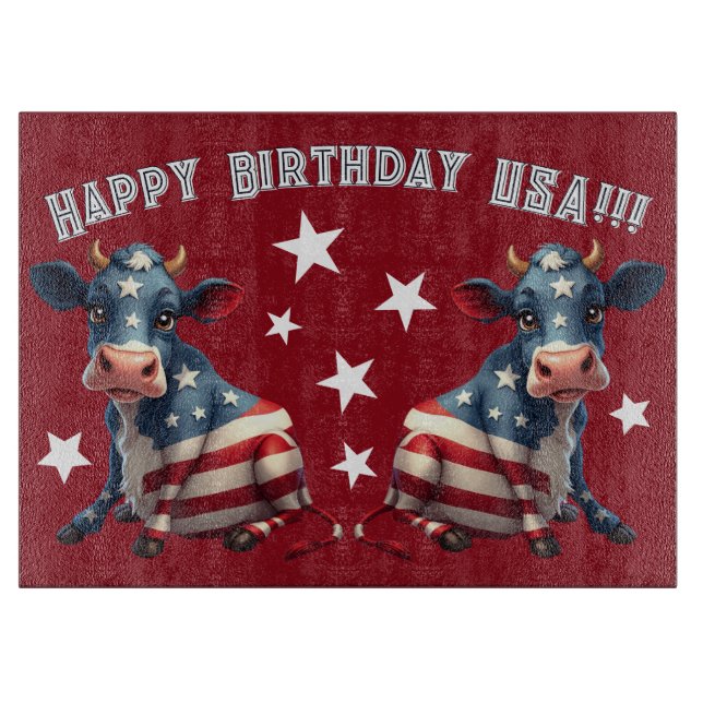 Patriotic American Flag Cow Illustration Cutting Board (Front)