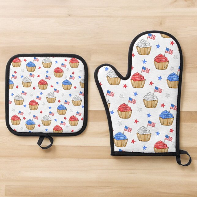 Patriotic American Flag Cupcakes Red White Blue   Oven Mitt & Pot Holder Set (Creator Uploaded)