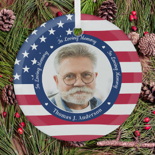 Patriotic American Flag Custom 2 Photo Memorial  Glass Tree Decoration